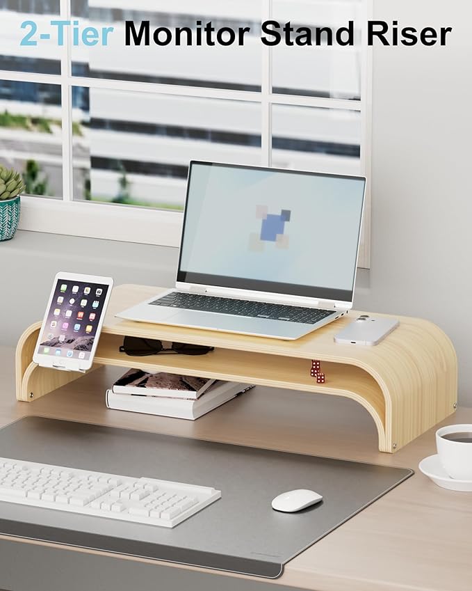 Wood Dual Monitor Stand Riser, 2-Tier Computer Monitor Riser with Phone Holder, Desktop Organizer Shelf for 2 Monitors, Laptop & Printer, No Assembly, Max Load 110lbs, One-Piece Curved Design