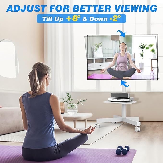 Rolling TV Stand with Shelf for 23-65/32-85 inch TVs up to 88lbs, Portable Mobile TV Cart with Silent Wheel, Tilt & Height Adjustable Universal Corner TV Stand for Bedroom, Living Room (White, 23-65")
