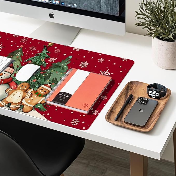 Christmas Mouse Pad PU Leather Christmas Tree Desk Mat Large Waterproof Gaming Pad Gingerbread Man Non-Slip Keyboard Mouse Pad for Gamer Office&Home