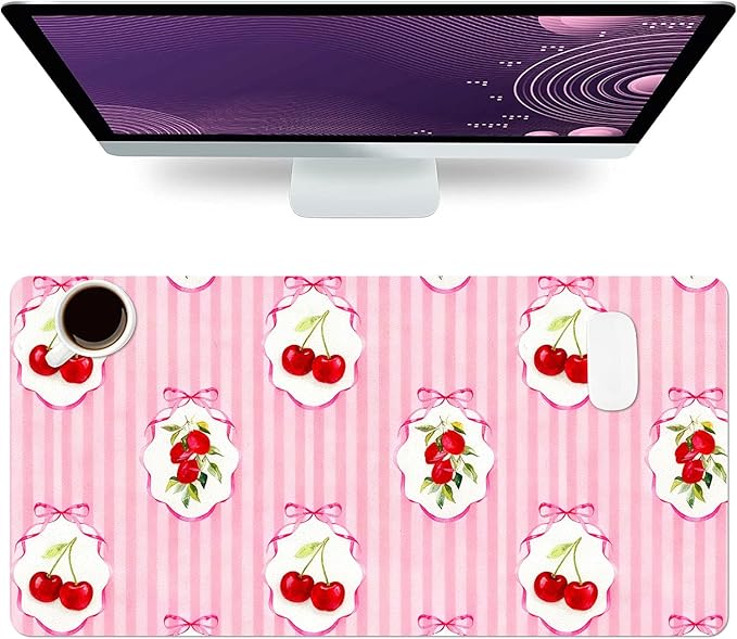 Red Cherry Mouse Pad PU Leather Pink Desk Mat Large Waterproof Gaming Pad Non-Slip Keyboard Mouse Pad Writing Pad for Gamer Office&Home