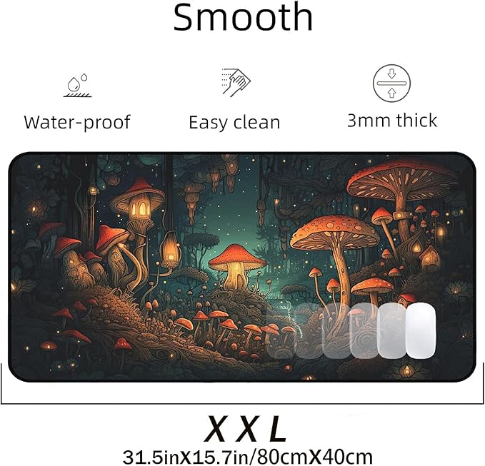 Mushroom Forest Desk Mat, Anime Mouse Mat XXL, Retro Large Gaming Keyboard Mouse Pad, with Non Slip Rubber Base and Stitched Edges Full Desk Pad, Natural Landscape Desktop Decor 31.5"X15.7"