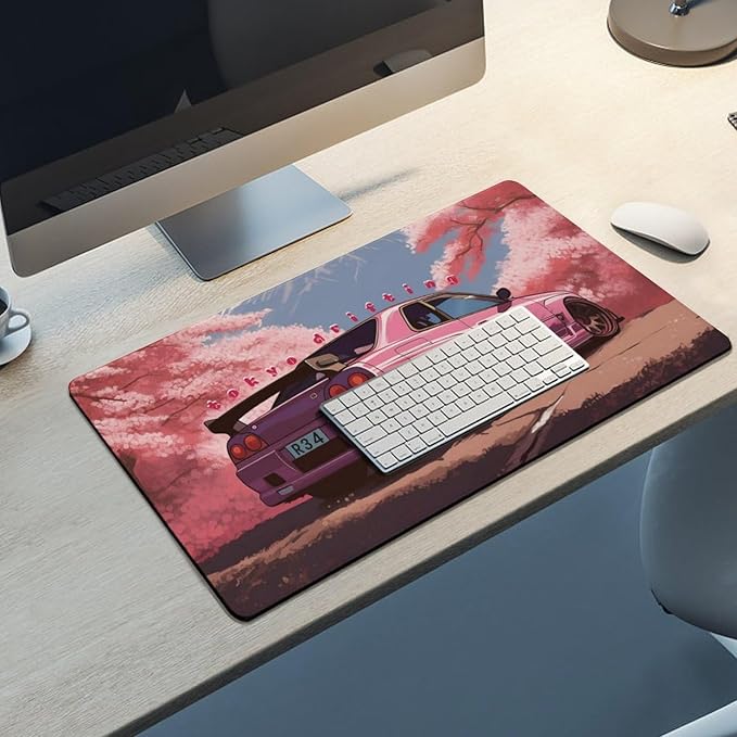 Car Large Mouse Pad Gaming Mousepad Japanese JDM Car R34 Pink Cherry Tree Anime Desk Mat for Keyboard and Mouse Mat Non-Slip Rubber Desk Pad 40X75cm, Style