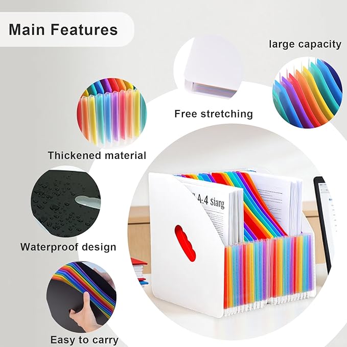 SAYEEC Rainbow Expanding File Holder Standing A4 Vertical Mini Book Organizer Magazine Basket Desktop 13 Pockets Files Folder with Handle for Students Examination Paper Bills Office Study