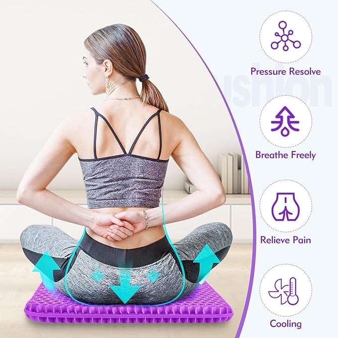 Plus Size Gel Cushion for Long Sitting, Breathable Honeycomb Pressure Relief Pad for Office Chair, Car & Wheelchair (Plus Size - Light purple-01)