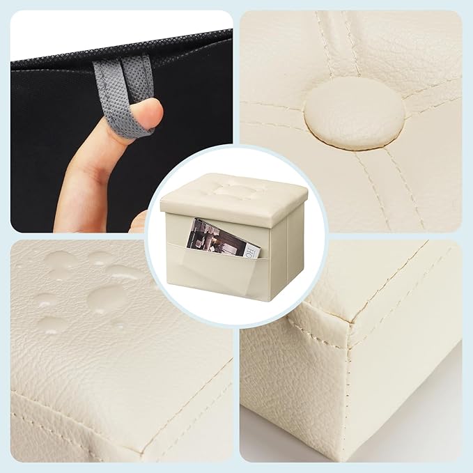 Bsketa Storage Ottoman Foot Rest Stool, Small Leather Storage Ottomans Bench, Folding Footstool with Side Pockets, Foot Rest Under Desk for Living Room Bedroom, 16x12x12 in, Beige 2 Pack