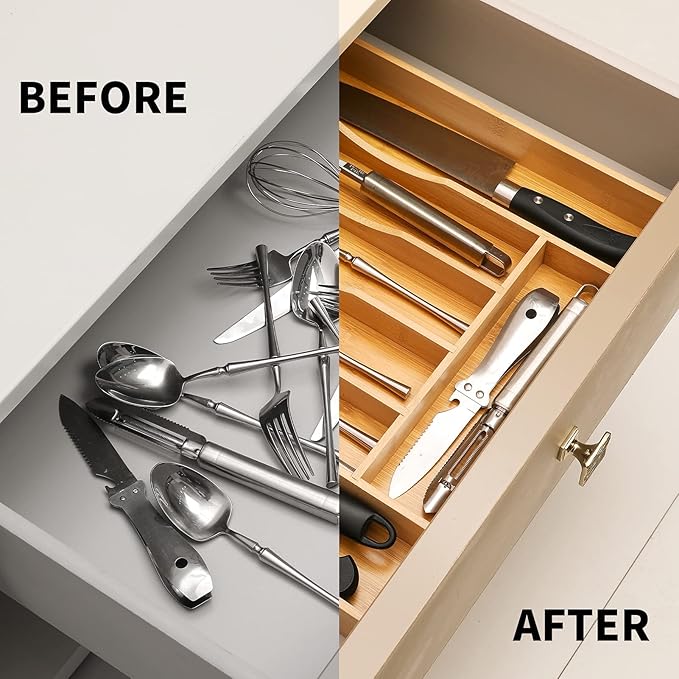 Expandable Bamboo Kitchen Drawer Organizer for Cutlery and Utensils, Adjustable Bamboo Wood Cutlery Tray in Drawer for Flatware and Silverware in Kitchen, (Natural)