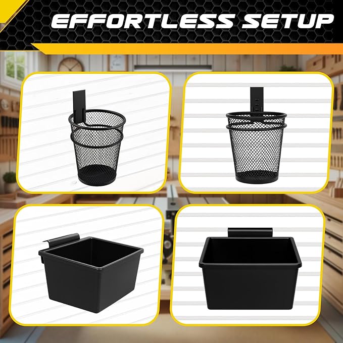 40PCS Slatwall Accessories Organizer Kit with Slatwall Hooks, Shelves, Baskets, Bins, Cups & Straps, Includes Mounting Screws – Heavy Duty Wall Storage Set for Garage, Workshop & Utility Room