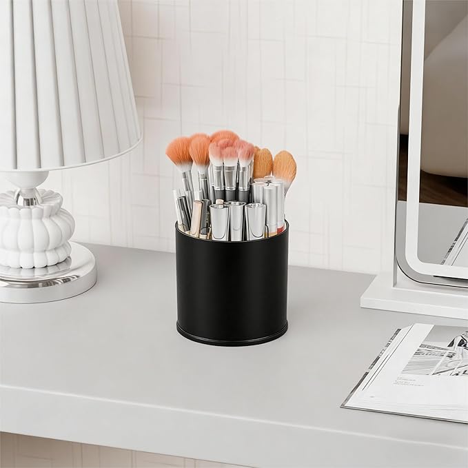 Yieach Rotating Acrylic Makeup Brush Holder for Vanity,Bathroom Countertop,Round Makeup Brushes Organizer,Spinning Cosmetic Brushes Holder,Make up Brush Storage and Office Desk Pen or Pencil Cup,Black