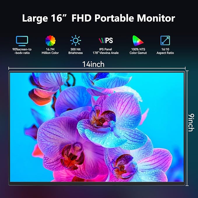 16 Inch Touchscreen Portable Monitor, 1920x1200 FHD IPS, USB-C HDMI, Built-in Speakers, Ultra-Slim Metal External Display for Laptop Mac Phone PS5 Xbox Switch