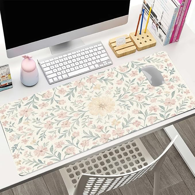 Soft Aesthetic Pastel Floral Desk Mat, Gentle PU Leather Desk Pad - Large Non-Slip Office Mat for a Calm & Stylish Gaming & Home Workspace（27.56 * 13.78in）