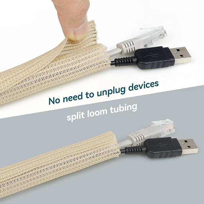 Wire Loom Tubing, 10ft Split Braided Cable Management Sleeve, Flexible Mesh Cord Protector Cable Sleeve for TV Computer (Wooden Color, 3/8")