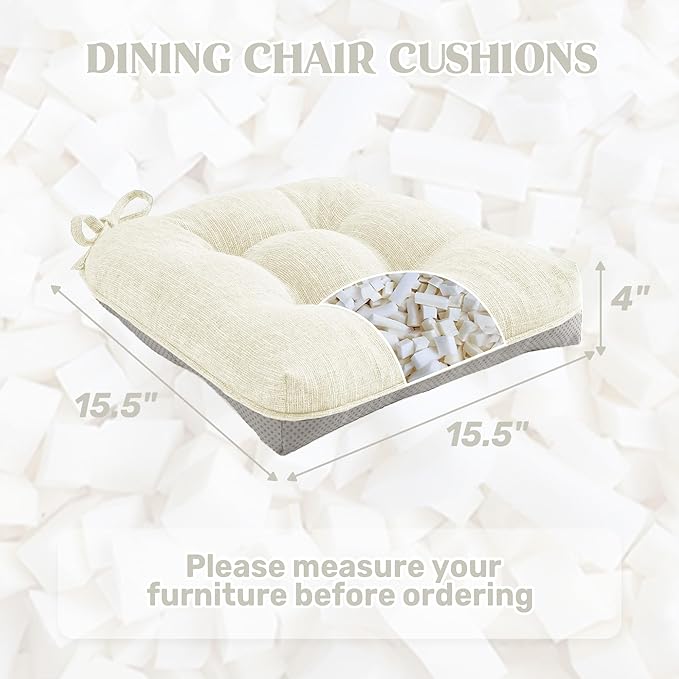 puredown® Chair Cushions for Dining Chairs, Tufted Memory Foam Chair Pads with Non-Slip Backing, Kitchen Seat Cushions with Ties, Washable Seat Pads Set of 4, 15.5" x 15.5" x 4", Ivory