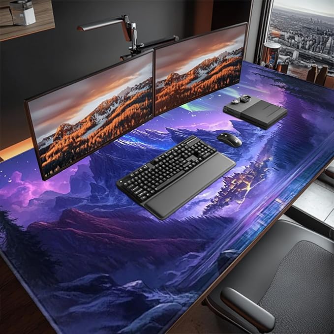 Extended Mouse Pad Large Gaming Mouse Pads - Aurora Painting Northern Lights Mountains Stars Desk Pad Computer Desk Mat Non-Slip Mousepad for Game Players, Office, Study (48" x 24")