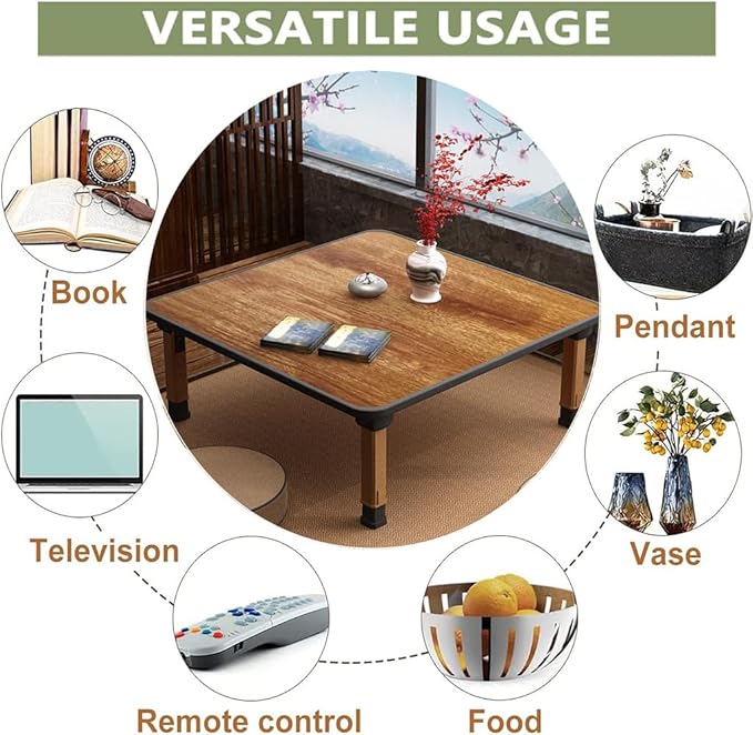 Japanese Wooden Folding Tea Coffee Tables, Square Floor Adjustable Low Table for Tatami Sitting On The Floor, Foldable Laptop Kotatsu Dining Table Meditation Bay Window Table (70 * 70cm)