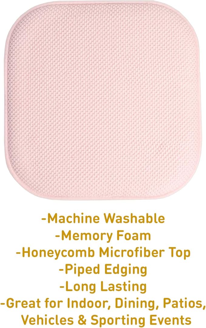 Sweet Home Collection Chair Cushion Memory Foam Pads Honeycomb Pattern Slip Non Skid Rubber Back Rounded Square 16" x 16" Seat Cover, 4 Pack, Pink