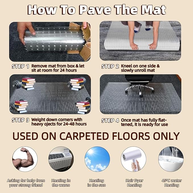 Office Chair Mat for Carpet: 36" x 48" Plastic Heavy Duty Computer Desk Mats for Low Flat and No Pile Carpeted Floor - Clear Rug Pad for Rolling Chairs Office Work Home Gaming Rectangle