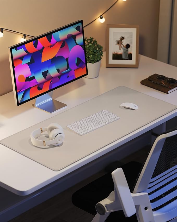 Desk Pad Mat 23.6"x13.7" - Waterproof Mouse Pad & Desk Protector, Non-Slip PU Leather for Gaming Keyboard/Mouse, Stitched Edge XL Office Desk Pad with Ergonomic Support(Beige)