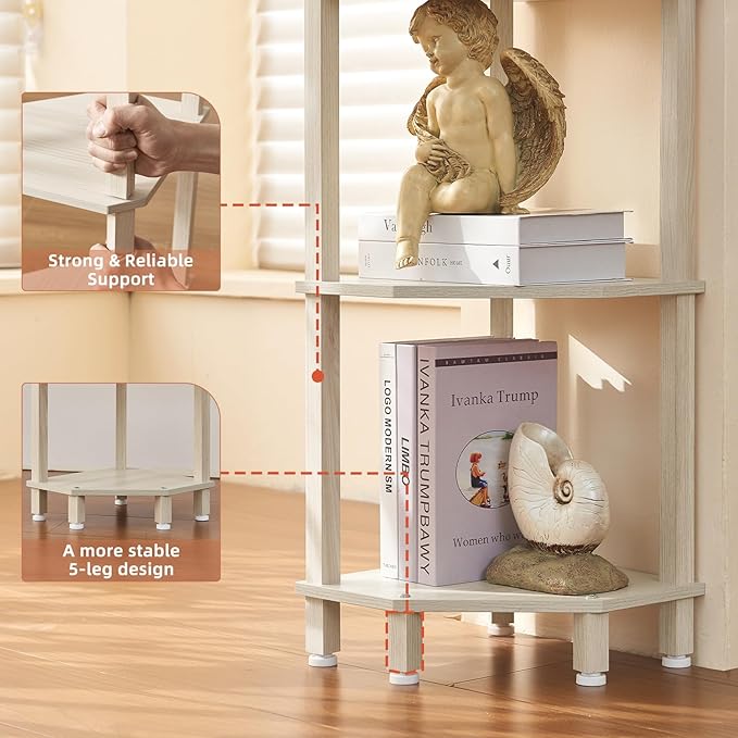 YUFAM 3-Tier Corner Shelf with Sturdy 5-Leg Base, Wooden Corner Bookshelf for Small Spaces, Small Corner Table for Living Room, Bedroom, Office, Grey White
