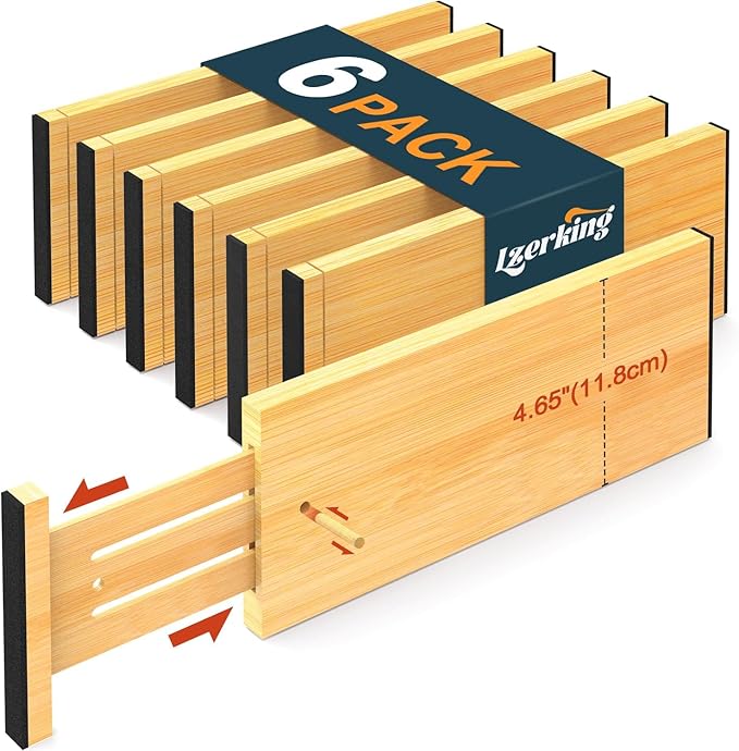 Lzerking Bamboo Drawer Dividers 4.65" High, Adjustable Dresser Drawer Organizers, 12-17.5" Expandable Deep Kitchen Drawer Divider for Dresser, Closet, Kitchen, Bedroom, Bathroom, 6 Pack