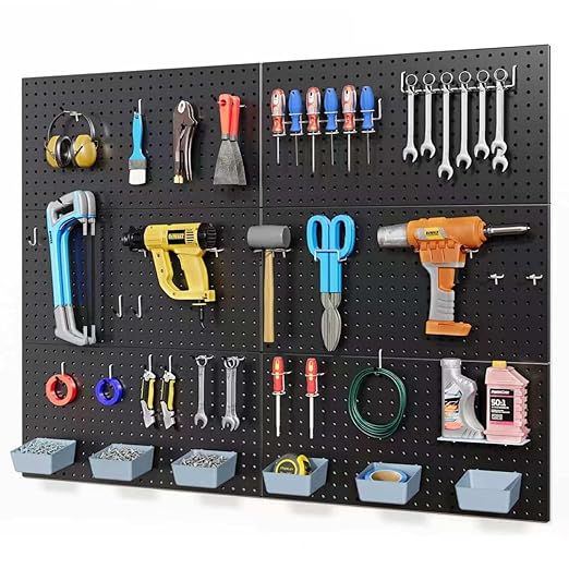 Metal Peg Board 6Pcs, 48"x36" Pegboard Wall Organizer with 140Pcs 1/4" Pegboard Hooks & Accessories, Steel Pegboard Tool Storage System for Garage Workshop Shed, Black