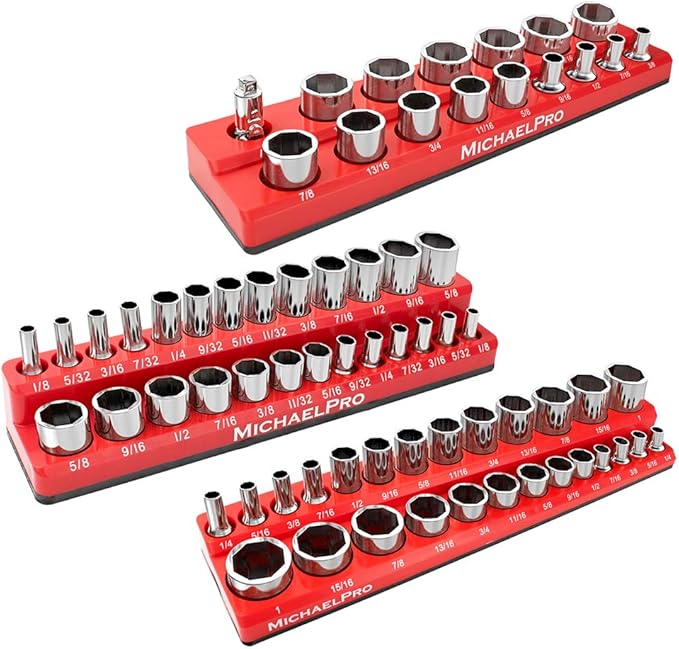 MichaelPro MP014003 3-Pc Magnetic Socket Organizer- 1/4-inch, 3/8-Inch & 1/2-Inch Drive Magnetic Socket Holder Kit in SAE, Professional Grade Socket Organizers for Toolboxes/Cabinets (SAE), Red