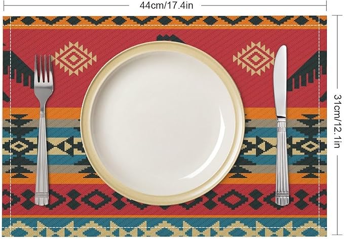 Vintage Aztec Southwest Placemats Ethnic Style Design Boho Geometric Pattern Linen Washable Table Mats Stain Heat-Resistant Desktop Decor Place Mats for Home Kitchen Dining Party 12x18 in 6 Pcs