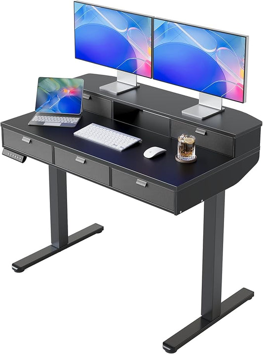 HUANUO 40 X 24 inch Electric Standing Desk with 4 Drawers, Adjustable Height Sit Stand Home Office Desk, C-Clamp Mount Compatible, Ergonomic Stand up Desk with 4 Preset Heights, Black