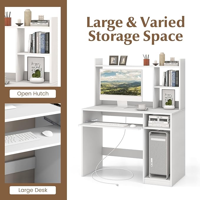 Tangkula White Desk with Hutch &Charging Station, Home Office Desk with Keyboard Tray & CPU Stand, Modern Laptop PC Desk, Space-Saving Writing Study Desk with Bookshelf, Ideal for Dorm Bedroom
