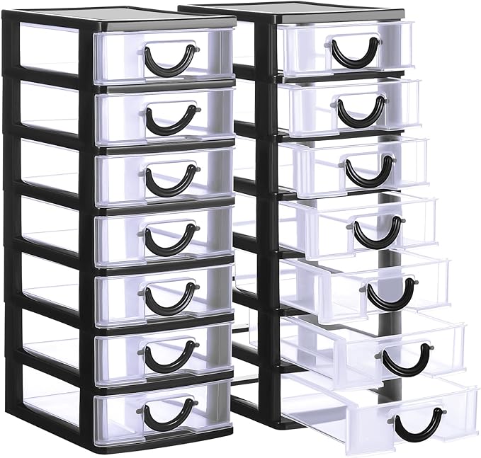Thyle 2 Pcs Plastic Drawers Organizer Mini Organizer Stackable Plastic Clear Drawer Storage Box Containers Storage Units for Desktop Classroom Craft 6.7 x 4.9 x 13.4 inches(Black)