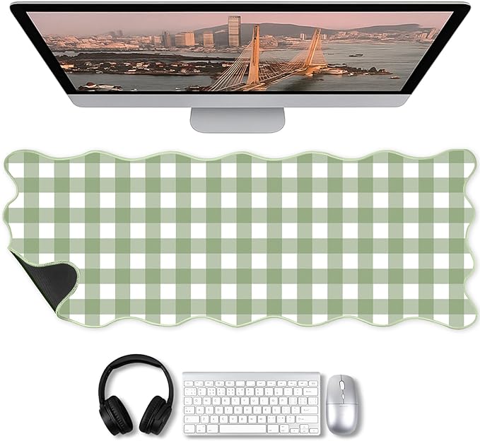 Copkim 1 Pcs Scalloped Green Gingham Desk Mat 31.5 x 11.8 Inch Large Cute Mouse Pad Computer Mat Non Slip Waterproof Rubber Base with Border Stitching Soft Keyboard Pad for Home Office Gaming Makeup