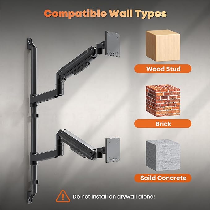 17-49" Dual Monitor Wall Mount - Fits Ultrawide Screens, Heavy Duty Gas Spring Arm with Long 35.4" Pole for Max Height Adjustment, Holds 44 lbs per Arm, VESA 75/100mm, Black