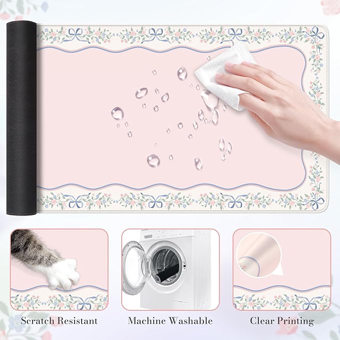 HAOCOO Cute Girly Computer Mat, Pink Bow XXL Mouse Pad for Gaming & Office, Non-Slip Waterproof Desk Matt for Desktop, Aesthetic Home Desk Accessories, Desk Pad Protector with Stitched Edges