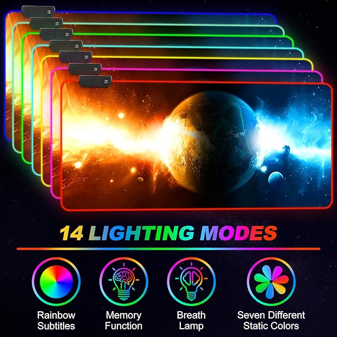 ARTSO RGB Gaming Mouse Pad Large, Extended LED Mouse Mat XXL 35.4x15.7 inch, 14 Lighting Modes, 2 Brightness, Non-Slip Rubber Base Mousepad Waterproof Keyboard Mat,Universe Space Starry Sky