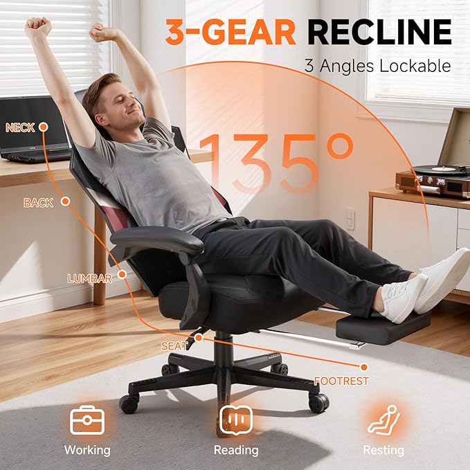 GTPLAYER Computer Chair with Adjustable Footrest, Ergonomic Gaming Chair with Headrest and Lumbar Support, Breathable Mesh Office Chair for Adults, High Back Reclining Desk Chair for Gaming and Office