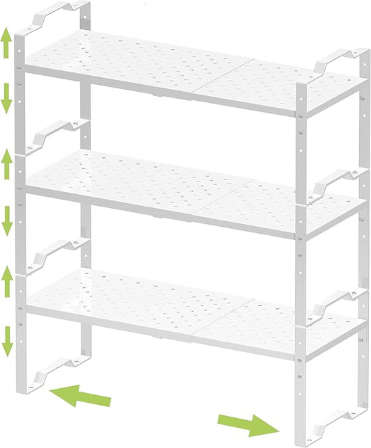 Jojocross Expandable Shelf for Cabinet Organizer Adjustable Stackable Spice Rack at Kitchen and Bathroom More, Counter Countertop Cupboard Organization Pantry Storage(3 Packs/White, Large)