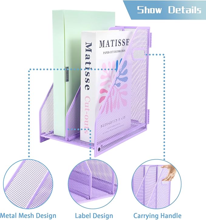 Desk Organizers Metal Magazine File Holder Racks Desktop Folder Storage Binder Organiser Document Organization for Home Office & Classroom,2 Vertical Compartments-Purple