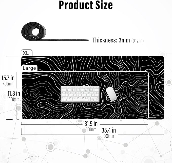 Ovenbird Extra Large Mouse Pad, Extended Topographic Map Gaming Mousepad with Non-Slip Base & Stitched Edges, 35.4" x 15.7", Black
