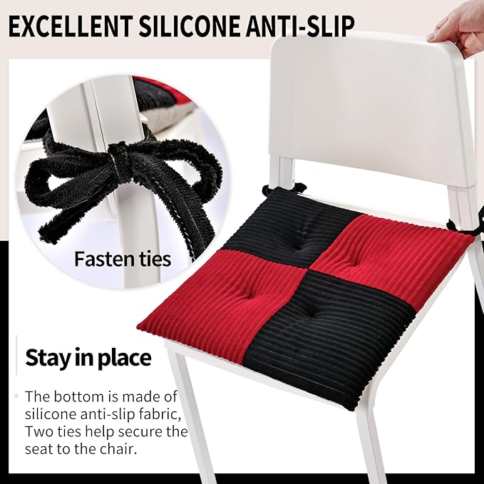 Office Stacking Chair Cushion with Ties, Corduroy High Density Foam Non-Slip Kitchen Seat Cushion, Square 17" x 17" Indoor Dining Chair Pads, Black+ Red, 1 PCS
