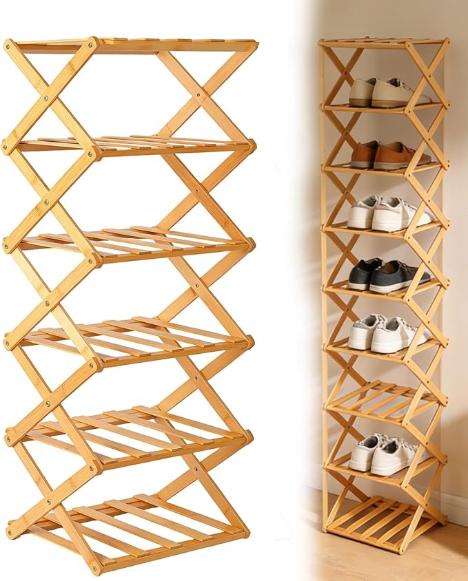 Foldable Shoe Rack, Tier No-Assembly Bamboo Rack, 2026 New Portable Bamboo Corner Shoe Rack, Multifunctional Narrow Shoe Shelf for Entryway, Closet, Corner, Bedroom (6 Layers)