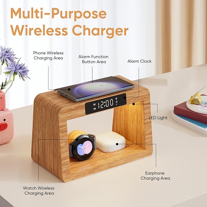 Bamboo Wireless Charging Station, 5 in 1 Charging Station with Light & Alarm Clock for Samsung & Android Phone, Wireless Phone Charger Station Only for Samsung Watch