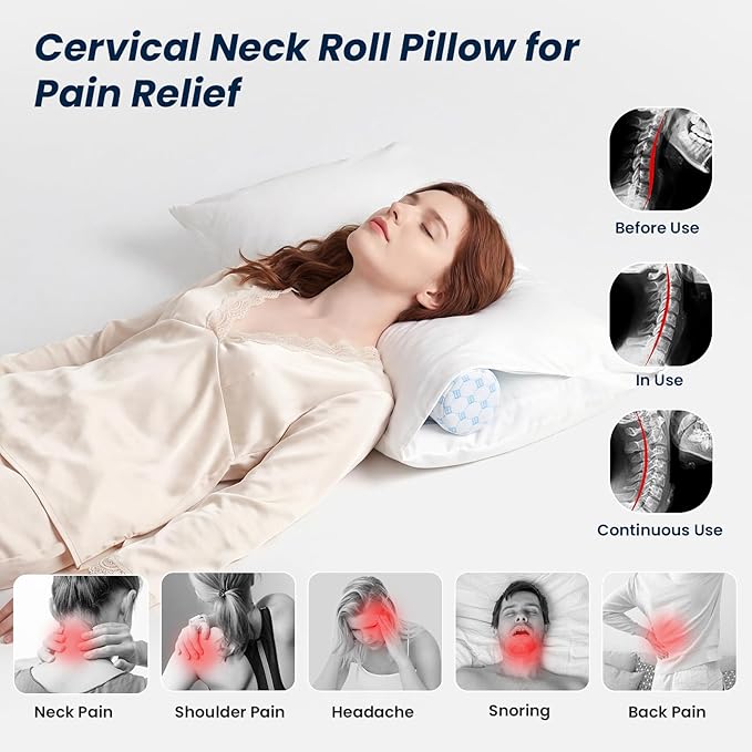 Neck Roll Cervical Pillow for Neck Pain Relief - Memory Foam Neck Pillow for Bed | Round Neck Pillows for Sleeping (Cool-Blue, X-Small - 3.5" H)