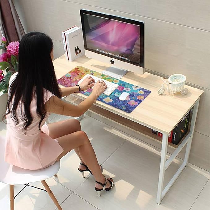 Colorful Floral Large Mouse Pad Desk Pad, 27.5x11.8in Vibrant Rainbow Flower Extended Keyboard Mousepad with Stitched Edges, Non-Slip Waterproof Rubber Base for Office, Computer, Laptop & Home