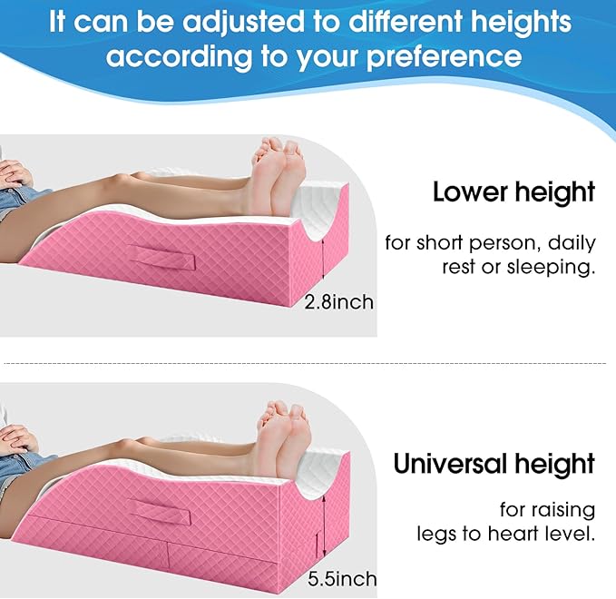 TranquilRelax Elevation Pillows for Leg After Surgery, Memory Foam Adjustable Wedge Pillow for Injury or Rest, Ankle Pillow for Sleeping Blood Circulation, Pink/Double Leg