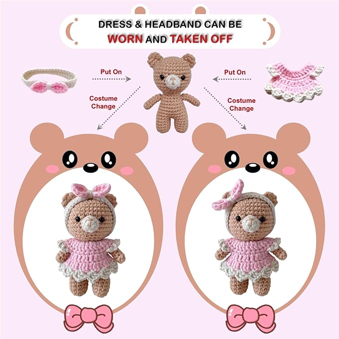 LoopMap Amigurumi Crochet Kit for Beginners with Removable Dress & Video Tutorials, DIY Bear Making Kit Includes Premium Yarn & Tools, Creative Gift for Adults Teens (Pink)