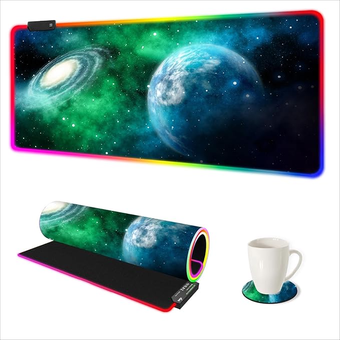 ARTSO Large RGB Gaming Mouse Pad, Led Big Mouse mat with 14 Light Modes, Extended Soft Computer Keyboard Mat Non-Slip Rubber Base, Green Planet Nebula