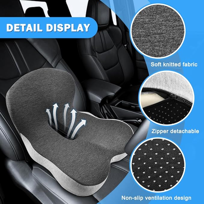 L-Shaped Ergonomic Memory Foam Seat Cushion, Breathable Non-Slip Car & Office Chair Cushion for Long Sitting, Orthopedic Support for Truck Drivers, Desk & Wheelchair(Black+Grey)