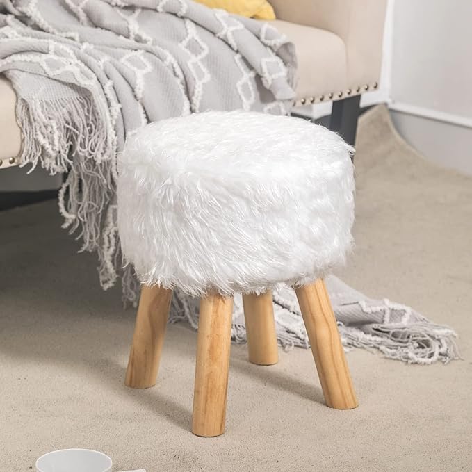 Asense Small Round Ottoman Foot Rest Stool Faux Fur Padded Seat Footstool Ottoman with Non-Skid Wooden Legs (White,Long Leg Version,Faux Fur)