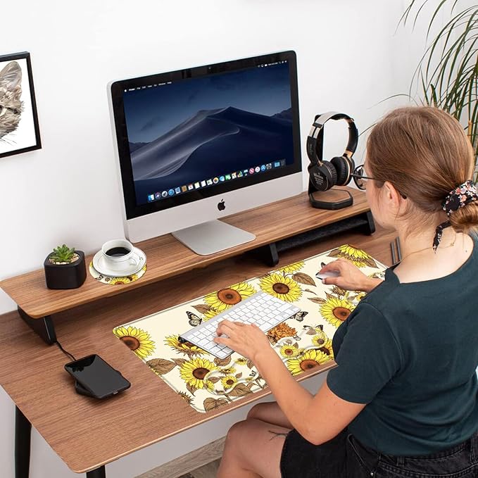 Ergonomic Mouse Pad Set with Wrist Support for Keyboard and Wrist Rest for Mouse, Memory Foam Comfort, Non-Slip Large Desk Mat for Home Office Pain Relief,Vintage Butterfly Sunflower