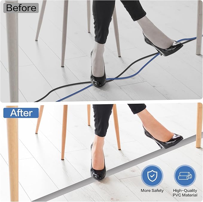 Floor Cord Cover Self Adhesive Cord Hider Floor Extension Cord Covers for Floor Power Cord Protector Cable Management Prevent Cable Trips Cable Cavity 0.32" W x 0.32" H (Grey, 3.3Ft)