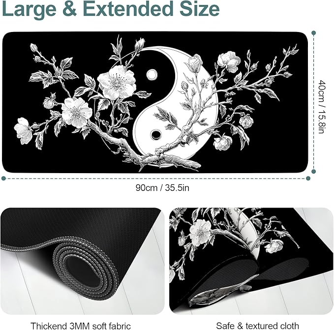 Yin Yang Cherry Blossom Extended Gaming Mouse Pad 35.4 x 15.7 Inch – Zen-Inspired Desk Mat with Non-Slip Rubber Base for Gaming and Office Use